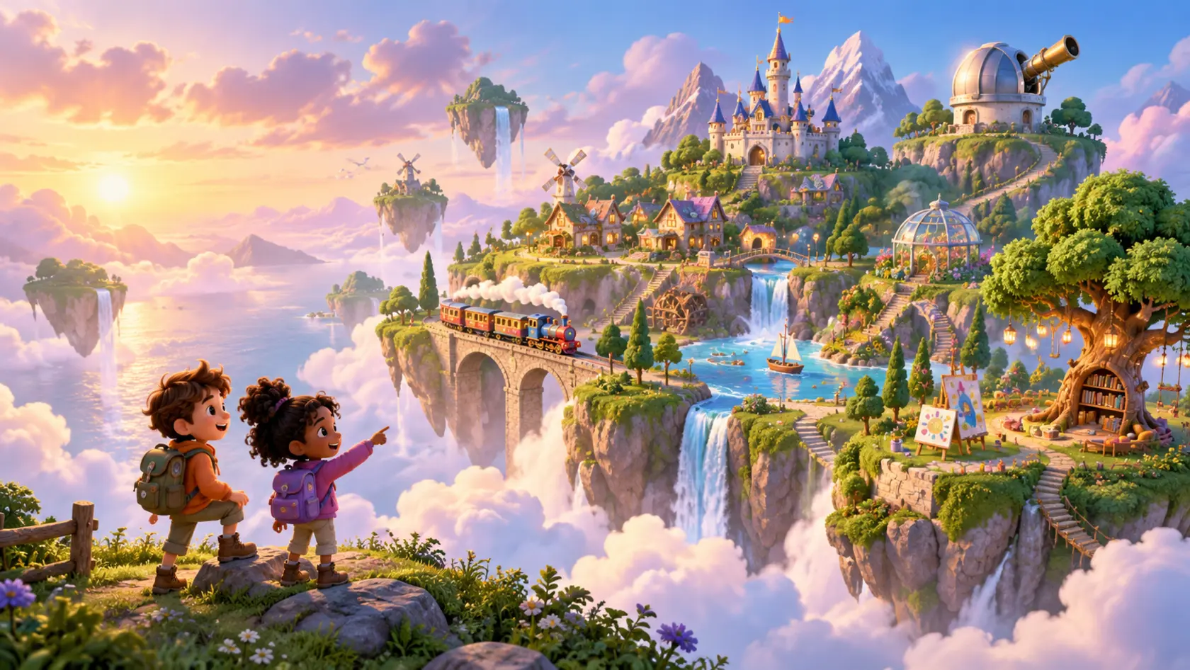Ilustração de crianças descobrindo um mundo de castelos, jardins e aventuras